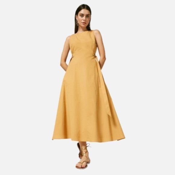Karen Millen Dress Polished Cotton Cutout Midi Sleeveless Chic Tan Neutral NWT 4 - Picture 16 of 16